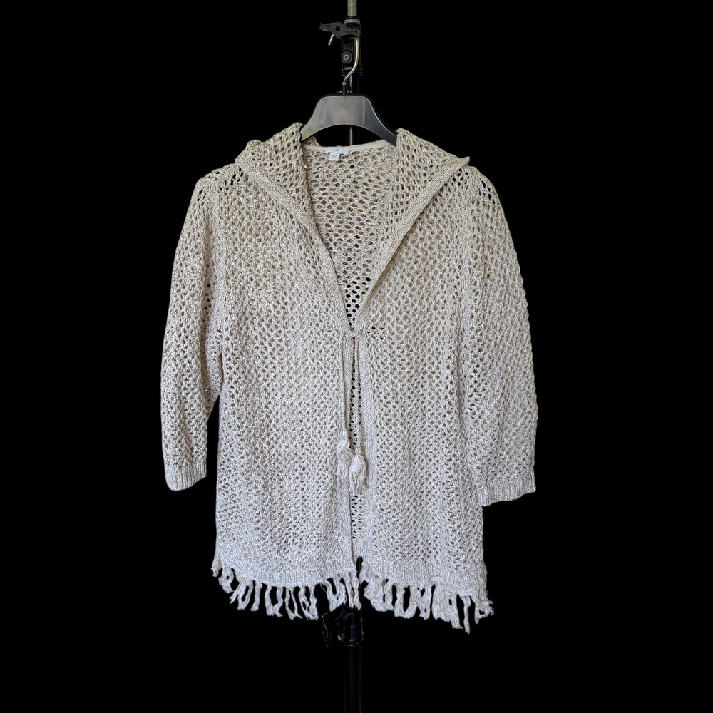 J. Jill XL Beige Open Knit Beach Hooded Cardigan Tassel Fringe Sweater Boho